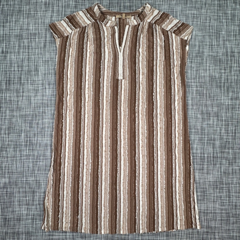 My Danielle Women's Textured Stripe Shift Dress Brown Fringe Split Neck Medium